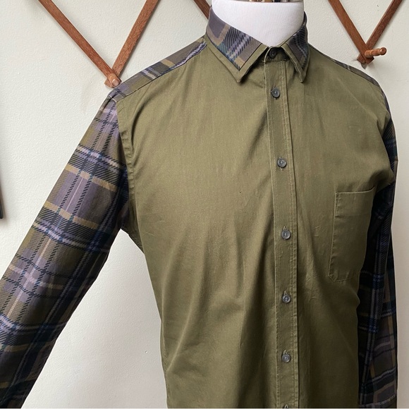 Givenchy Paris Plaid Sleeve Designer Button Up Olive Green Shirt Medium - Picture 4 of 16